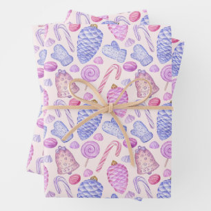 Watercolor Christmas Ornaments, Candy Cane Wrapping Paper Sheets