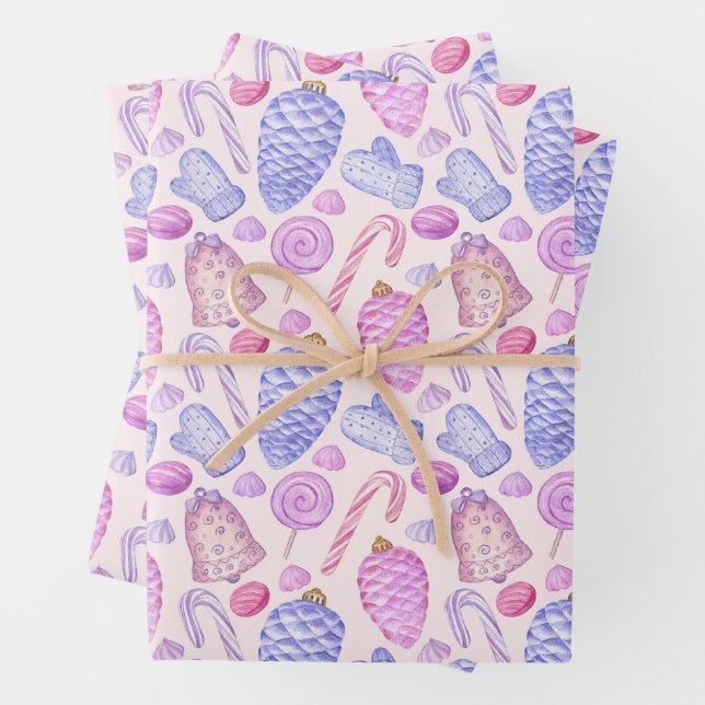 Watercolor Christmas Ornaments, Candy Cane  Wrapping Paper Sheets (In situ)