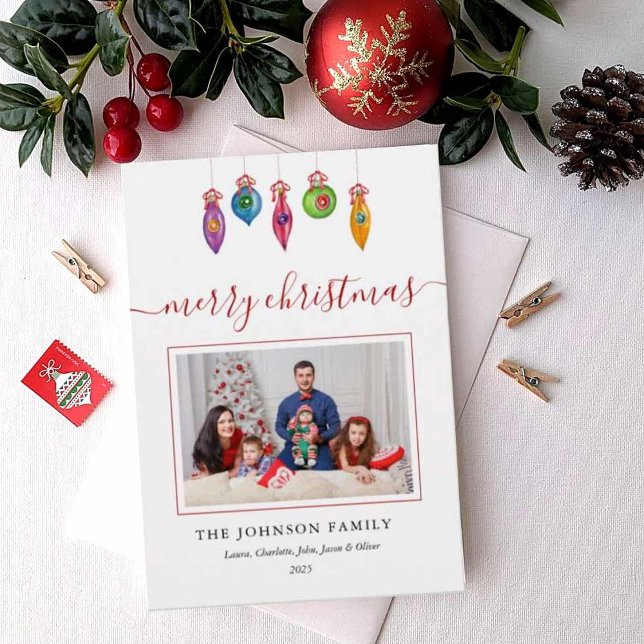 Watercolor Christmas Ornaments Photo Greetings Announcement (Creator Uploaded)