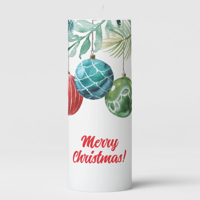 Watercolor Christmas Ornaments Pillar Candle (Front)