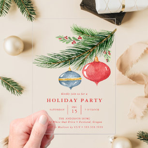 Watercolor Christmas Ornaments Pine Holiday Party Acrylic Invitations