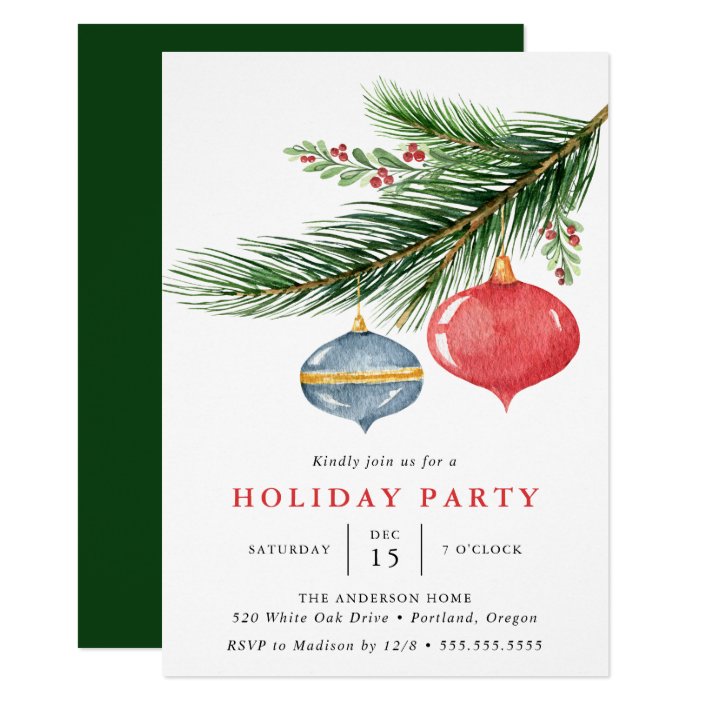 Watercolor Christmas Ornaments Pine Holiday Party Invitation Zazzle Com