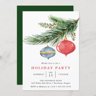 Watercolor Christmas Ornaments Pine Holiday Party Invitation