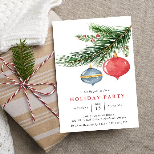 Watercolor Christmas Ornaments Pine Holiday Party Invitation