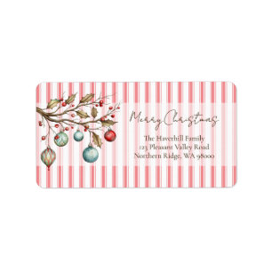 Watercolor Christmas Ornaments Pink Stripes   Label