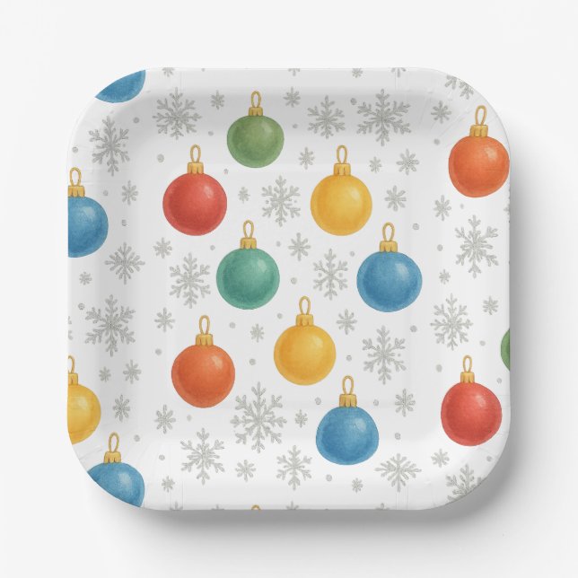 Watercolor Christmas Ornaments & Snowflakes -  Paper Plates (Front)