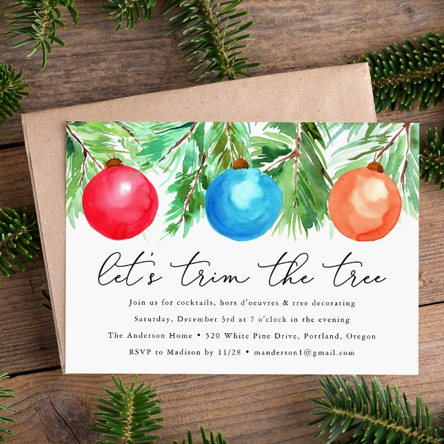 Watercolor Christmas Ornaments Tree Trimming Party Invitation (Creator Uploaded)