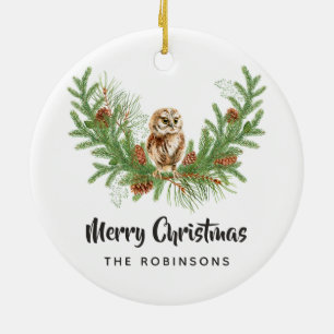 Watercolor Christmas Owl Family Photo Ceramic Ornament