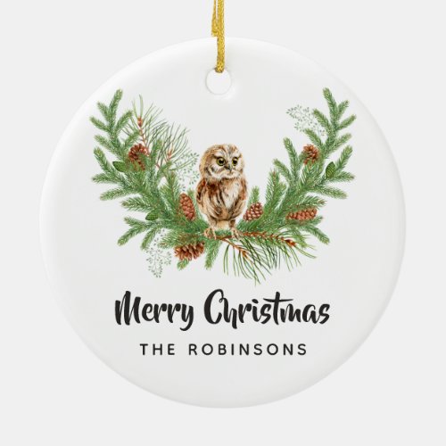 Watercolor Christmas Owl Family Photo Ceramic Ornament