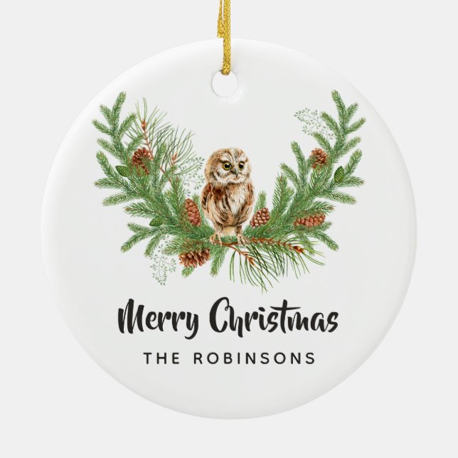 Watercolor Christmas Owl Family Photo Ceramic Ornament (Back)