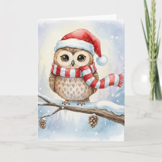 Watercolor Christmas Owl In a Santa Hat Card (Front)