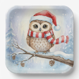 Watercolor Christmas Owl In a Santa Hat Paper Plates