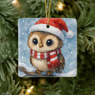 Watercolor Christmas Owl in Snowflakes Ceramic Ornament