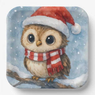 Watercolor Christmas Owl in Snowflakes Paper Plates