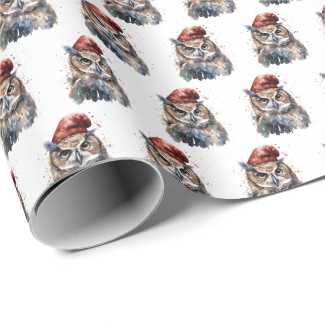 Watercolor Christmas Owl Santa Hat Allover Pattern Wrapping Paper (Roll Corner)