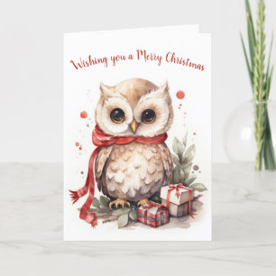 Watercolor Christmas Owl With Gifts Holiday Card