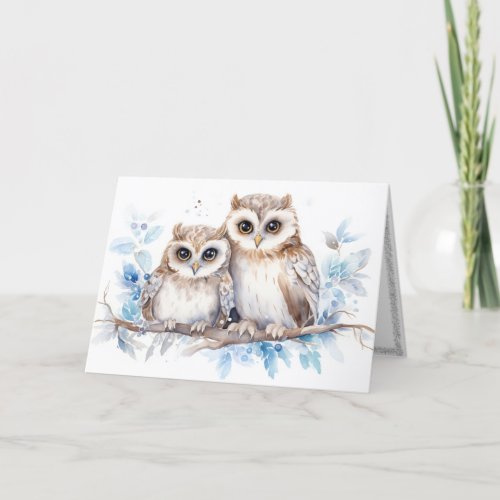 Watercolor Christmas Owls On Branch Holiday Card