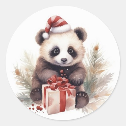 Watercolor Christmas Panda Bear Classic Round Sticker