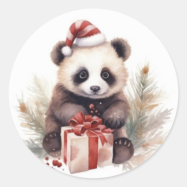 Watercolor Christmas Panda Bear Classic Round Sticker (Front)