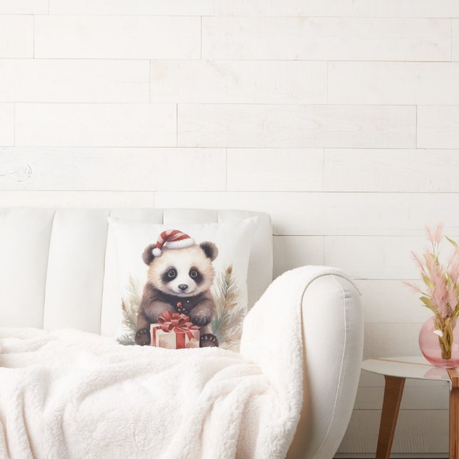 Watercolor Christmas Panda Bear Throw Pillow (Couch)