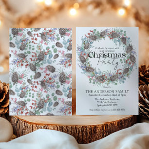 Watercolor Christmas Party Botanical Wreath Invitation