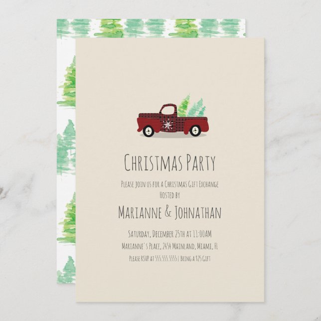 Watercolor Christmas Party Rustic Plaid Truck Invitation (Front/Back)