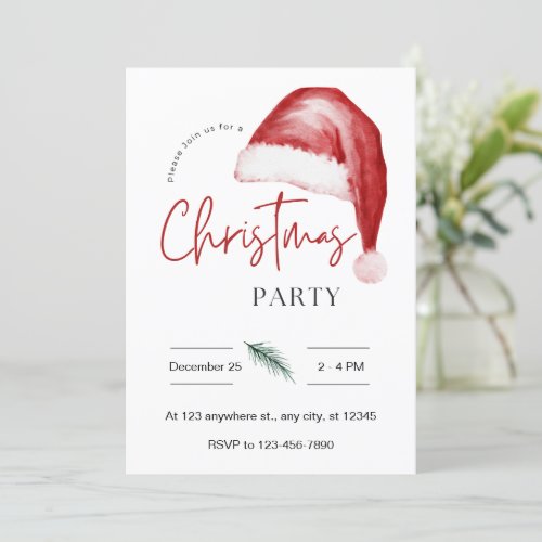 Watercolor Christmas Party Santa Hat Invitation