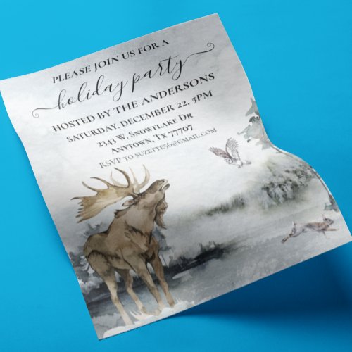 Watercolor Christmas Party Snow Landscape moose Flyer