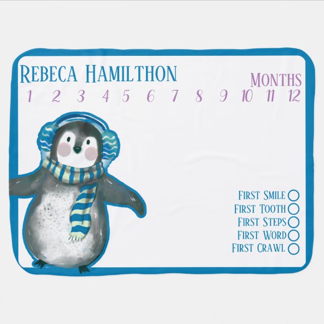 Watercolor Christmas Penguin Growth Tracker Baby Blanket (Horizontal)