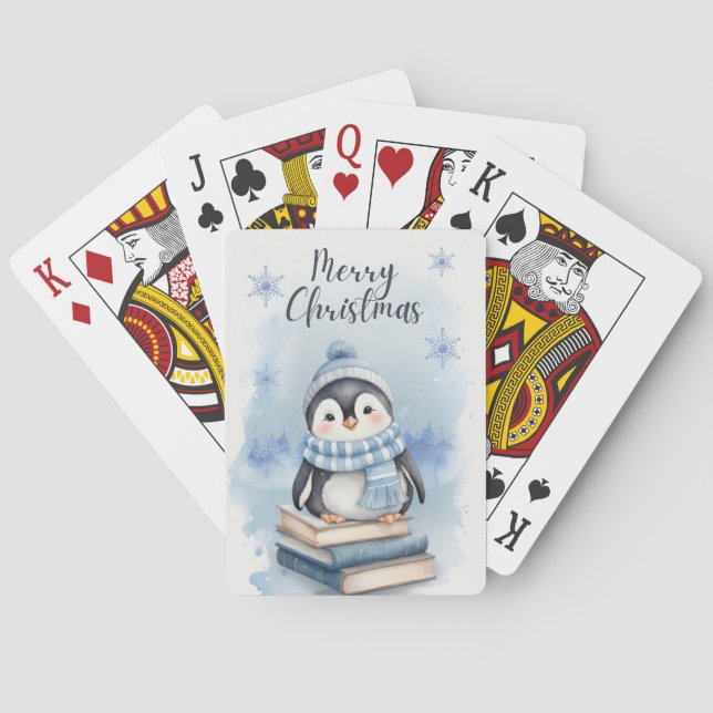 Watercolor Christmas Penguin Poker Cards (Back)
