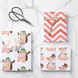 Watercolor Christmas Penguin Snowman Gift Wrap