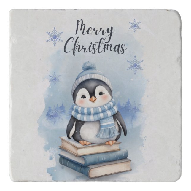 Watercolor Christmas Penguin Trivet (Front)