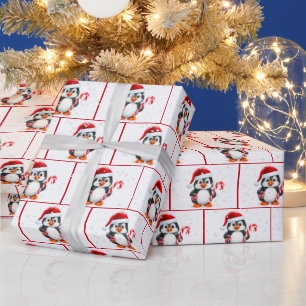 Watercolor Christmas Penguins In Snowflakes Wrapping Paper