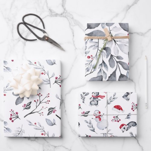 Watercolor Christmas Penguins Leaves and Berries Wrapping Paper Sheets