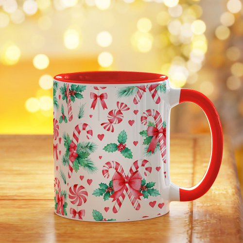 Watercolor Christmas Peppermint Candy and Holly Mug