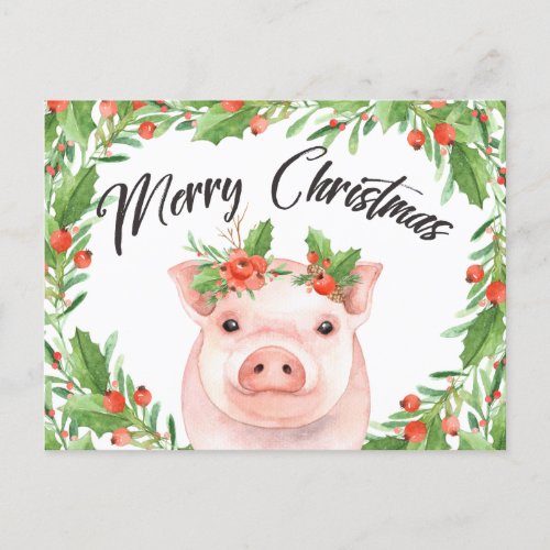 Watercolor Christmas Pig Postcard