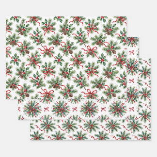 Watercolor Christmas Pine and Holly Gift Wrapping Paper Sheets