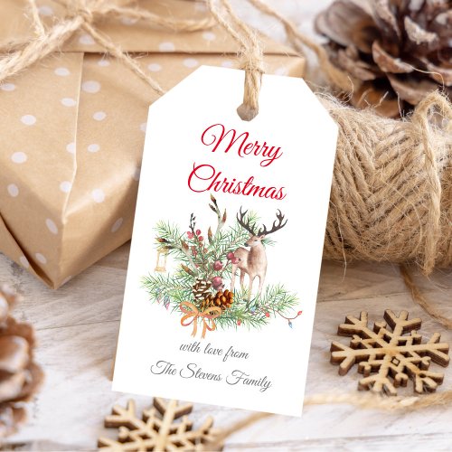 Watercolor Christmas pine and pine cones with deer Gift Tags