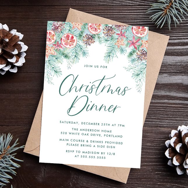 Watercolor Christmas Pine & Citrus Holiday Dinner Invitation (Creator Uploaded)
