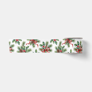 Watercolor Christmas Pine Cone and Holly Ribbon
