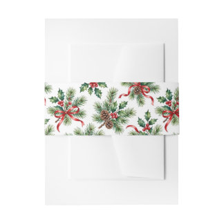 Watercolor Christmas Pine Cone and Holly Ribbon Invitation Belly Band