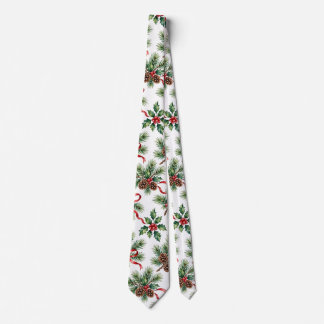 Watercolor Christmas Pine Cone and Holly Ribbon Neck Tie