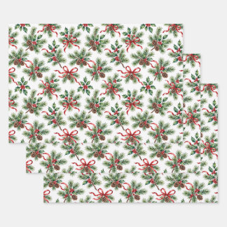 Watercolor Christmas Pine Cone and Holly Ribbon Wrapping Paper Sheets