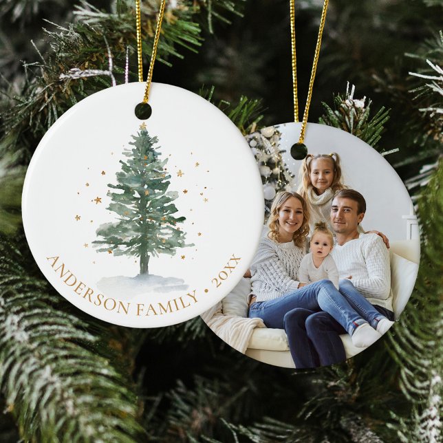 Watercolor Christmas Pine Tree Photo Ceramic Ornament (Creator Uploaded)