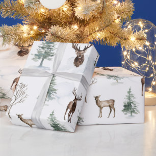 Watercolor Christmas Pine Tree & Reindeer Wrapping Paper