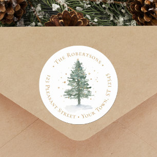 Watercolor Christmas Pine Tree Return Address  Classic Round Sticker
