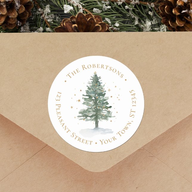 Watercolor Christmas Pine Tree Return Address  Classic Round Sticker (Creator Uploaded)