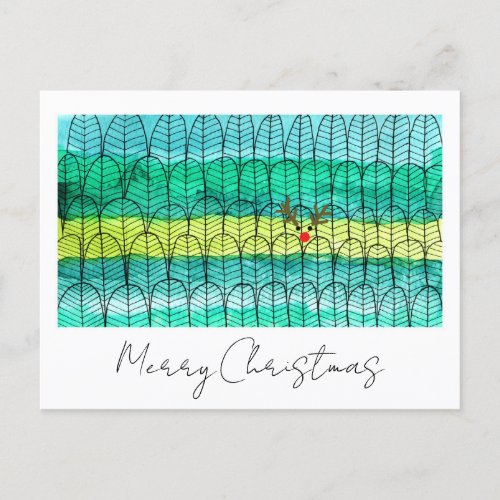 Watercolor Christmas Pine Trees with Rudolph Named Holiday Postcard