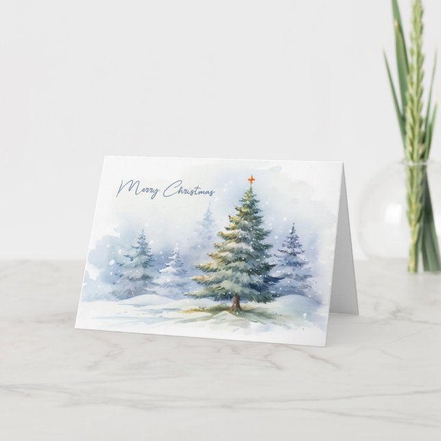 Watercolor Christmas Pines In Snow Holiday Card (Front)