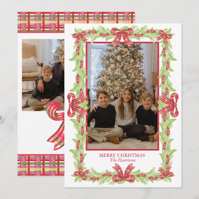 Watercolor Christmas Plaid Bow Garland Holiday Card (Front/Back)